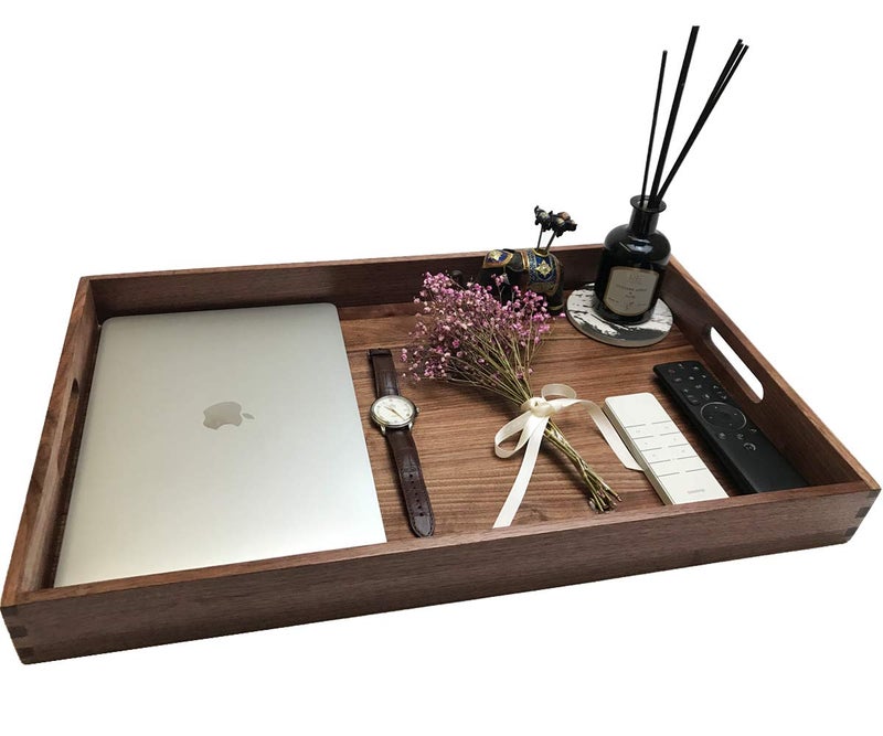 MAGIGO 22 x 14 Inches Large Rectangle Black Walnut Wood Ottoman Tray with Handles, Serve Tea, Coffee, Classic Wooden Decorative Serving Tray - Image 5
